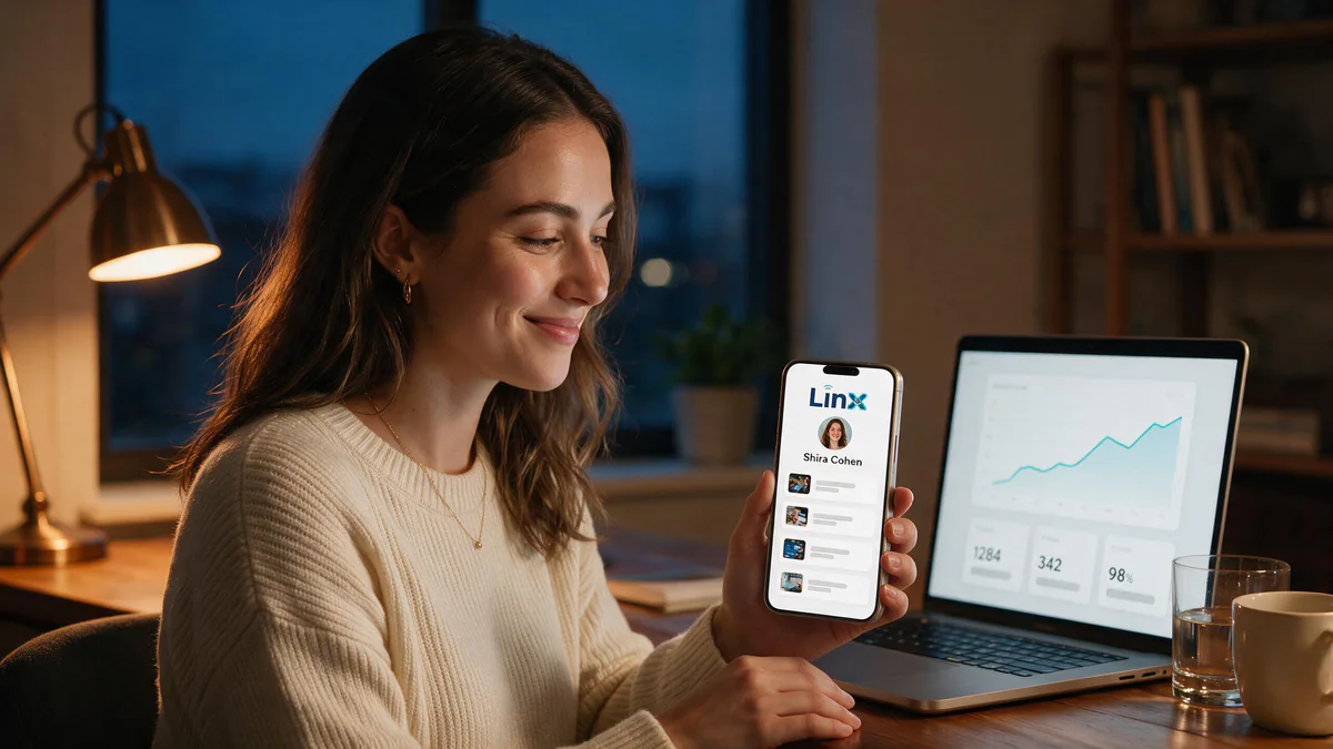 A creator reviews her LINX affiliate link page while click analytics rise on the laptop beside her