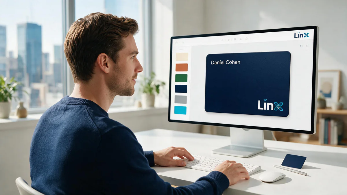 Designing a LINX NFC card on screen with colour variations, next to the printed card on the desk