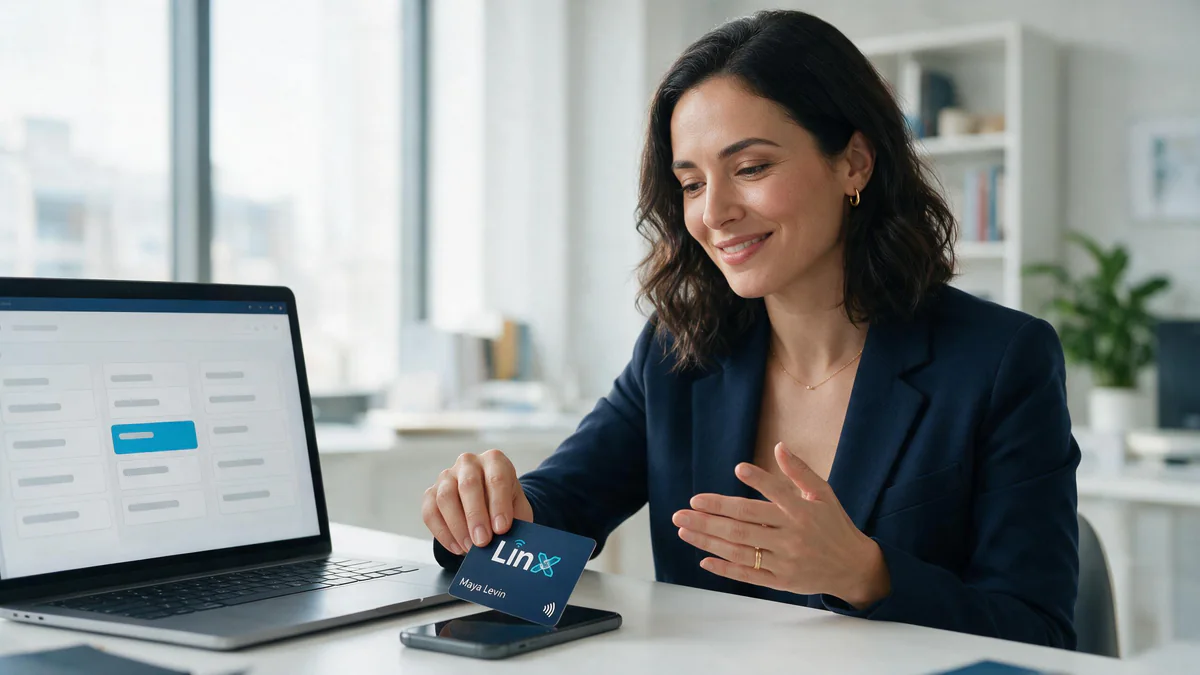 A businesswoman taps a LINX NFC card to her phone while a lead board fills in on her laptop