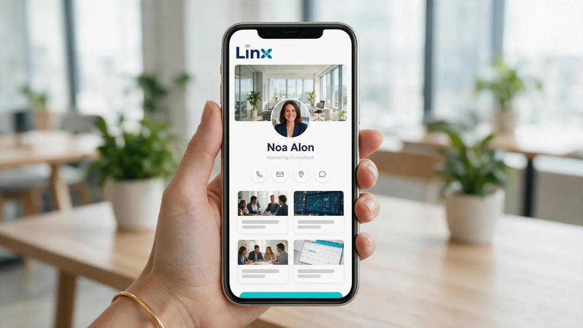 A LINX mini-site on a phone with a cover photo, profile picture, contact buttons and a gallery of services