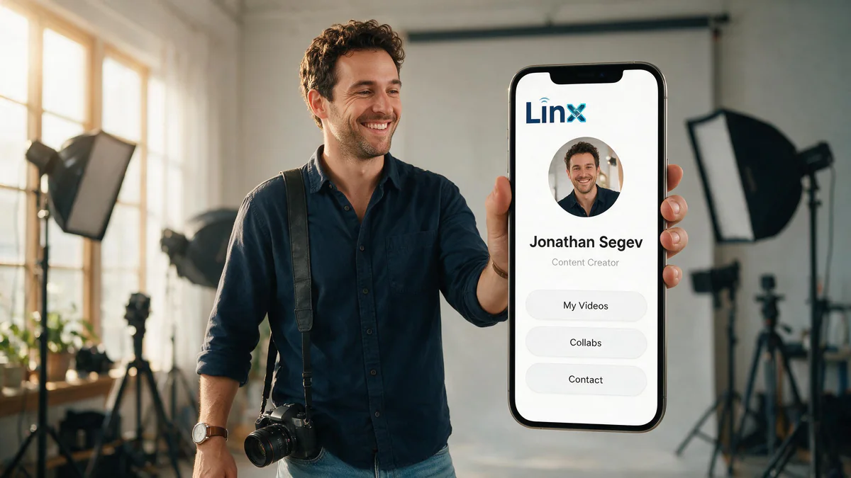 A content creator in a studio shows his LINX link page with video, collab and contact buttons
