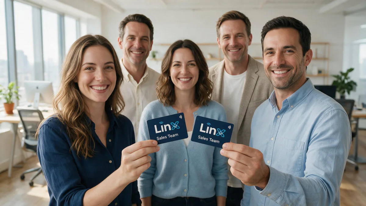 A sales team in a bright office holding up matching branded LINX NFC business cards