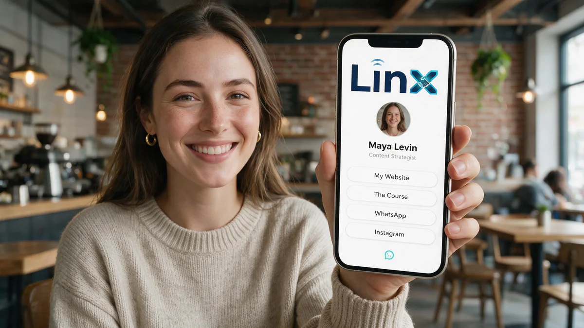 A creator holds up her phone showing a LINX link-in-bio page with a profile photo and link buttons