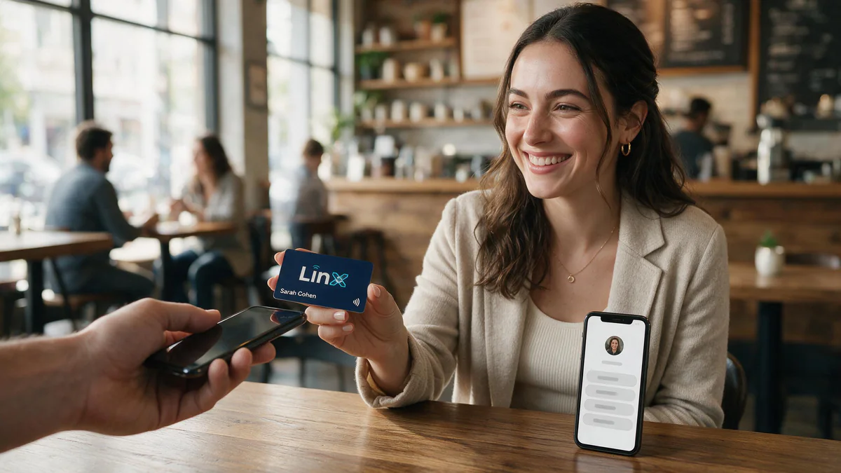 A woman hands a LINX NFC card across a cafe table to someone holding up a phone