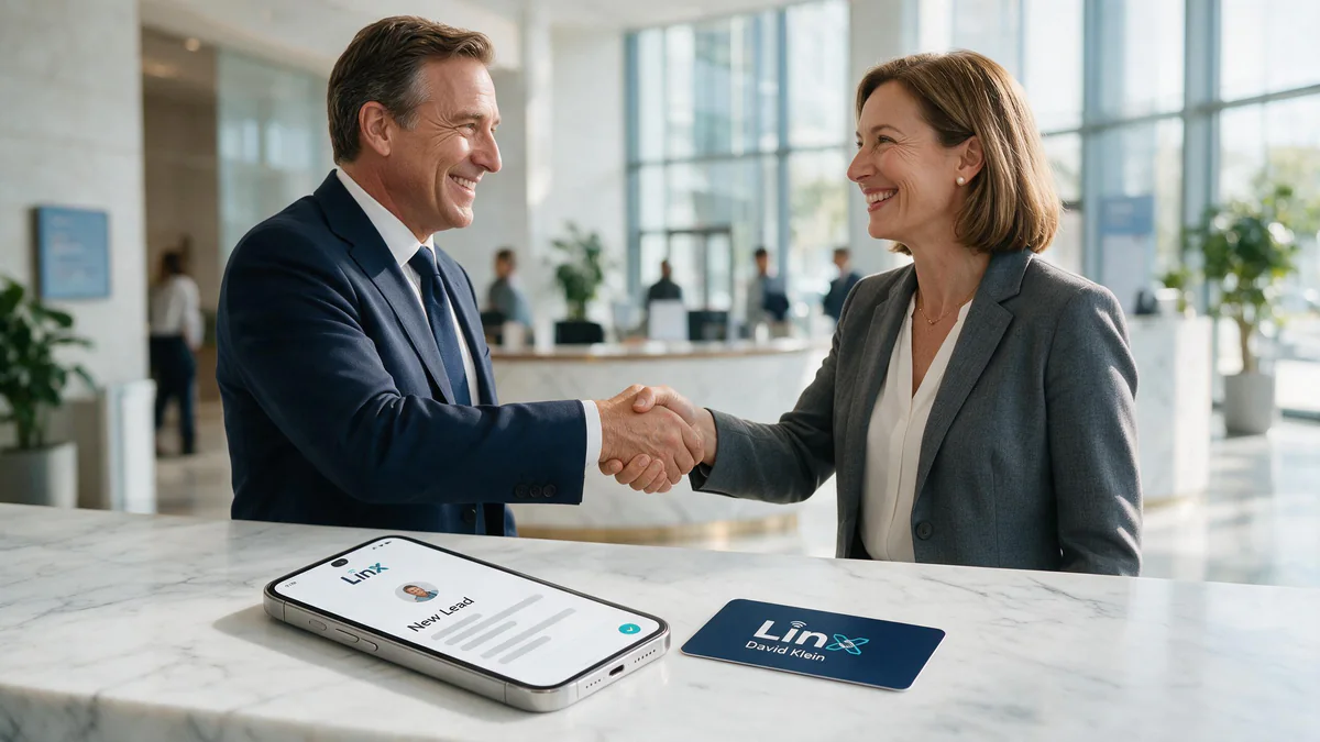 Two professionals shake hands in an office lobby as a new lead lands on the phone beside a LINX NFC card