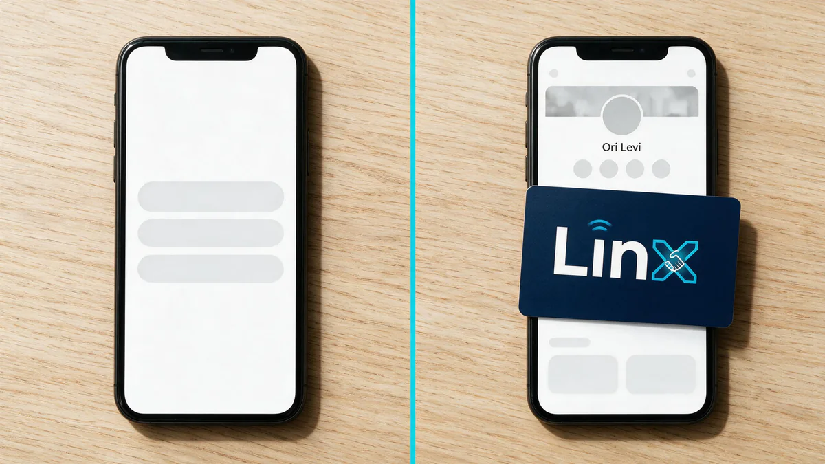 A plain links page compared with a full LINX profile backed by an NFC card