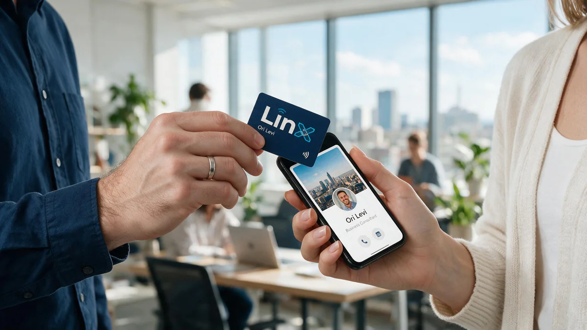 Tapping a LINX NFC card to a phone opens a mini-site with a profile, a call button and a booking button