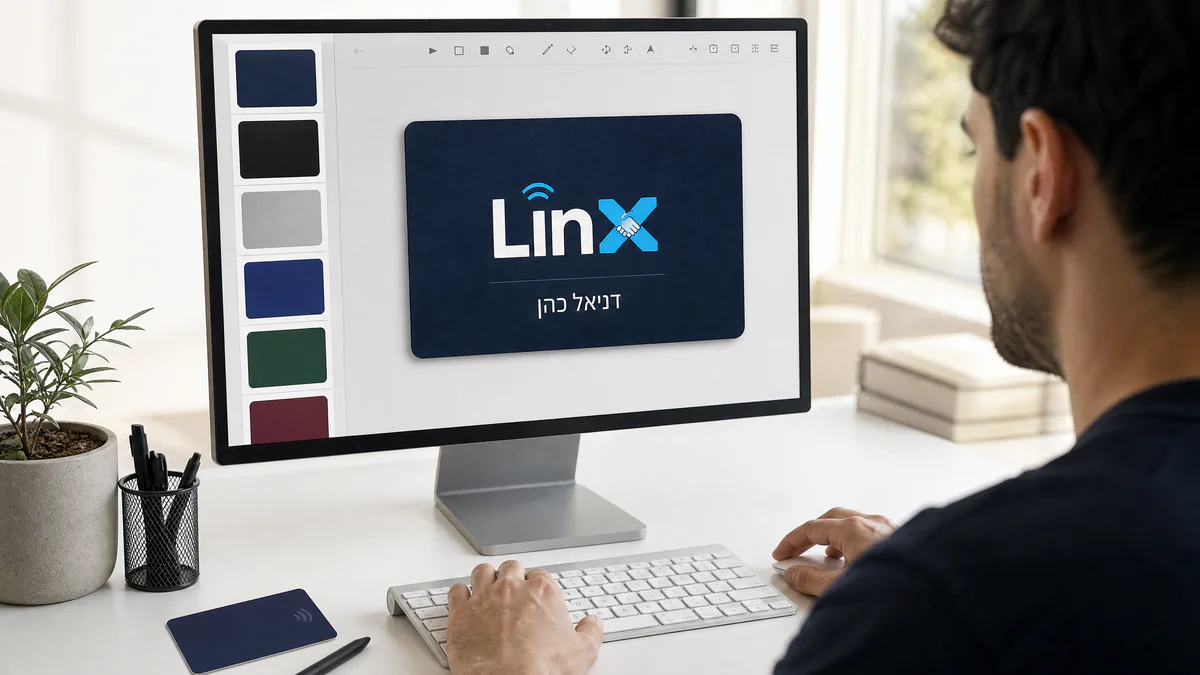 עיצוב כרטיס NFC של LINX במסך עם וריאציות צבע, לצד הכרטיס המודפס על השולחן
