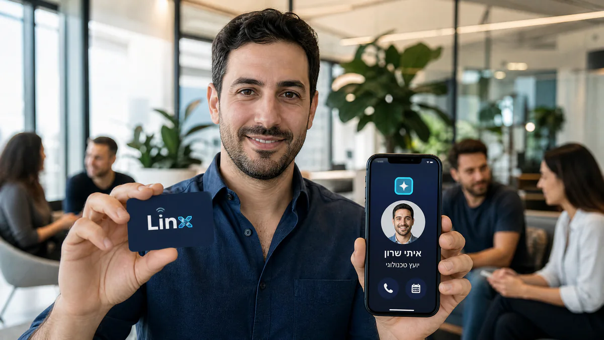 כרטיס NFC של LINX ופרופיל דיגיטלי עם סוכן AI מובנה בנייד
