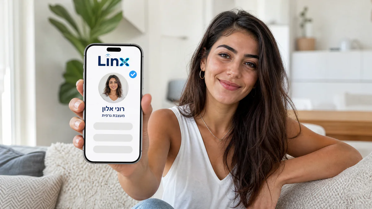 כרטיס ביקור דיגיטלי חינם של LINX בנייד, עם תמונת פרופיל וכפתורי קישורים