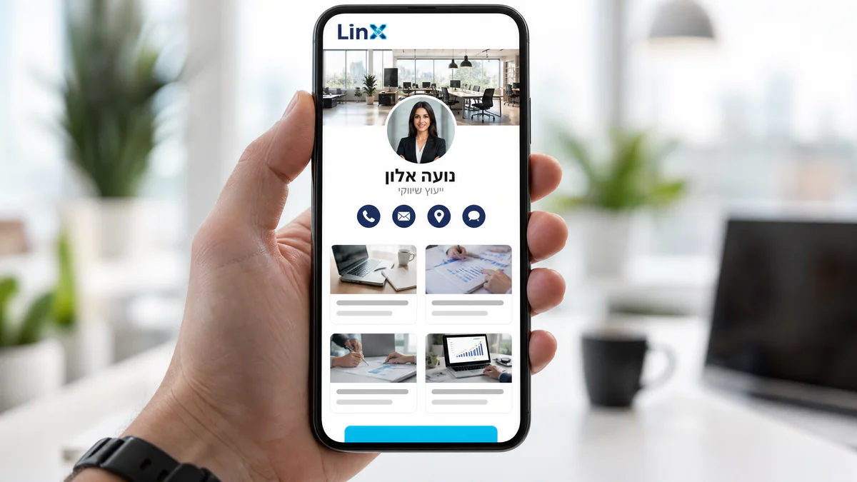 מיני-סייט LINX בנייד עם תמונת נושא, תמונת פרופיל, כפתורי יצירת קשר וגלריית שירותים