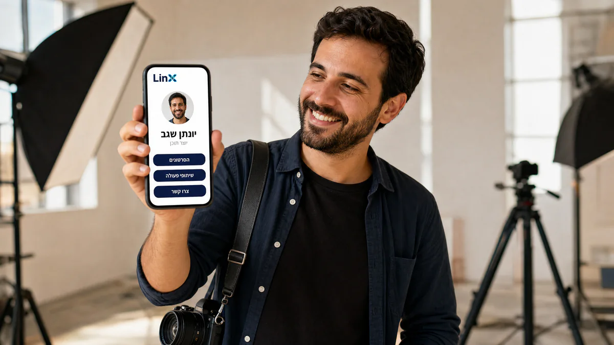 יוצר תוכן בסטודיו מציג את עמוד הקישורים שלו ב-LINX