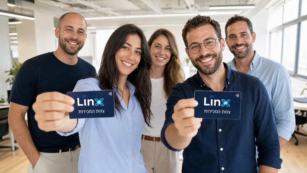 צוות מכירות במשרד מציג כרטיסי NFC ממותגים של LINX