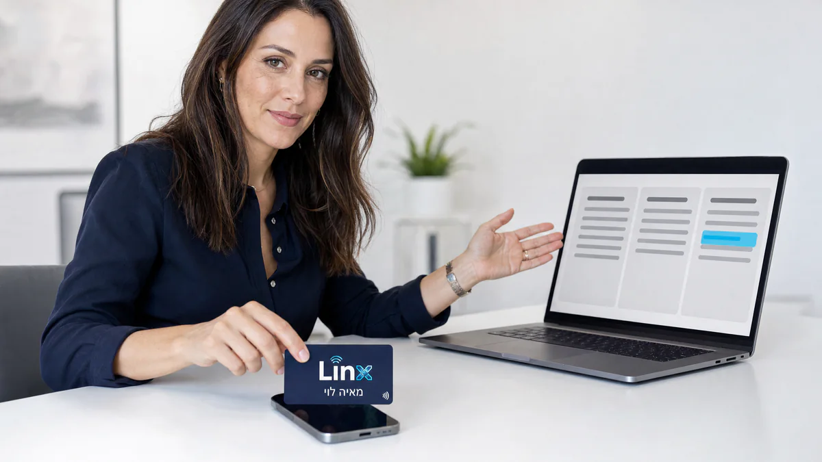 בעלת עסק מצמידה כרטיס NFC של LINX לנייד, ולצידה לוח לידים במחשב