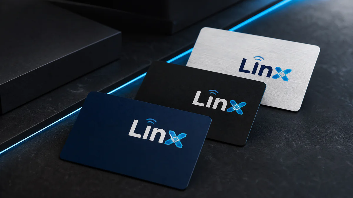 שלושה כרטיסי NFC של LINX בגימור מט, כחול כהה, שחור ולבן, בצילום סטודיו